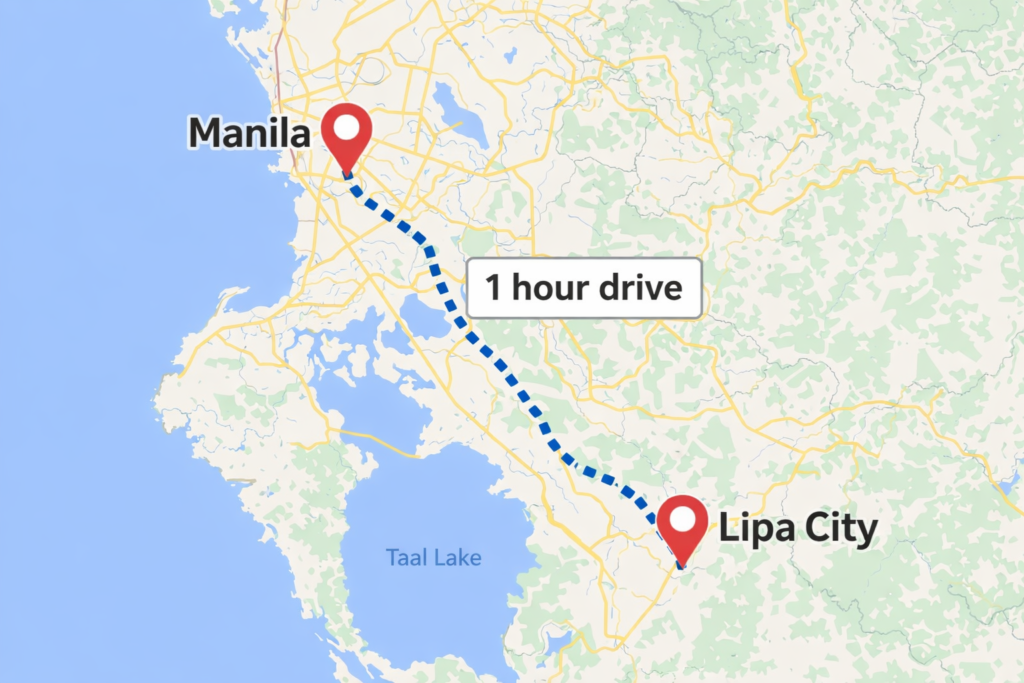Map showing Lipa City location - 1 hour south of Manila via SLEX