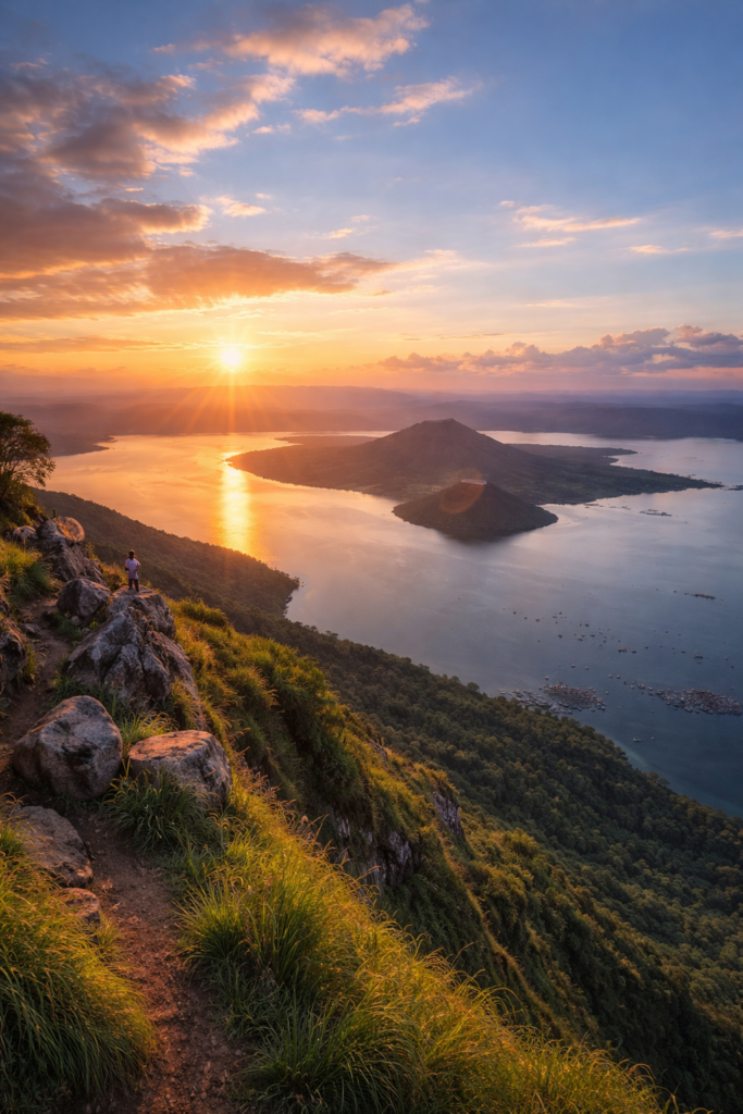 Sunrise at Mt Maculot Rockies viewpoint - morning light on Taal Lake
