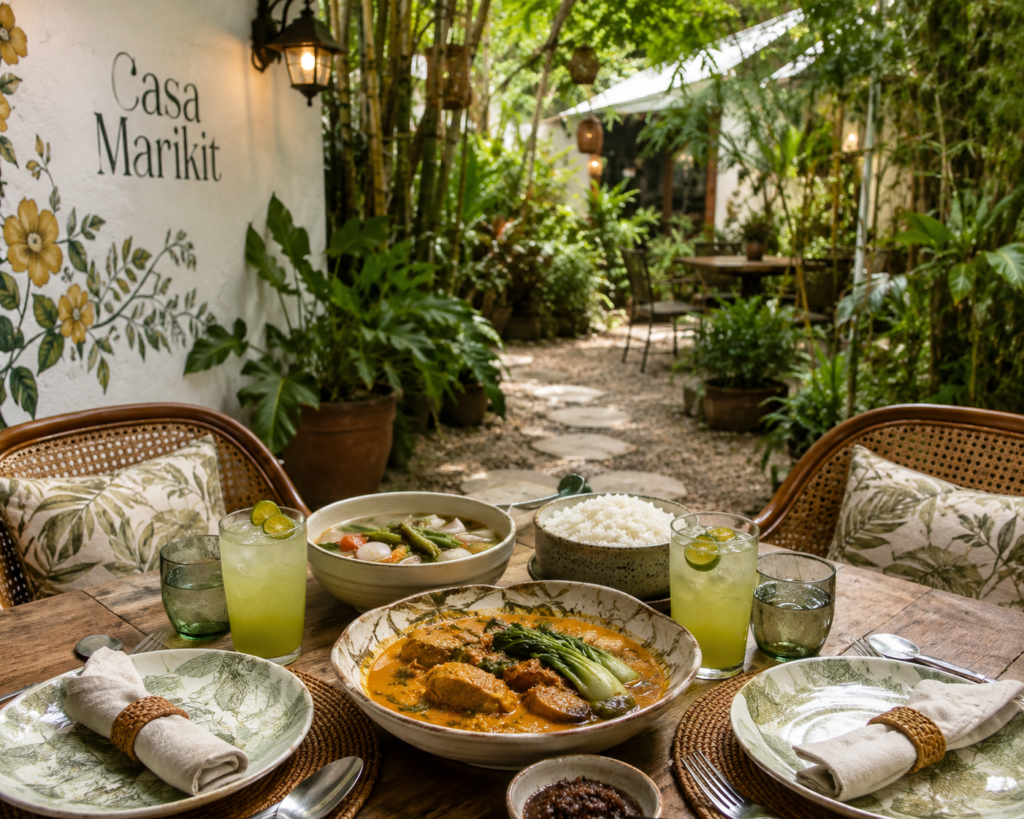 Garden dining area and Filipino lunch at Casa Marikit restaurant.