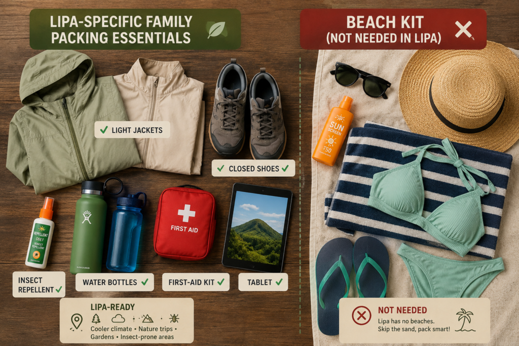 Family packing list for a Lipa City weekend - no beach gear needed. 