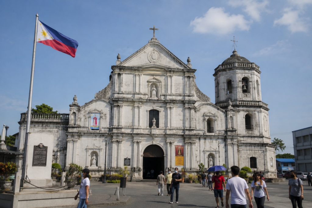 Philippine flag at Lipa City Plaza beside San Sebastian Cathedral