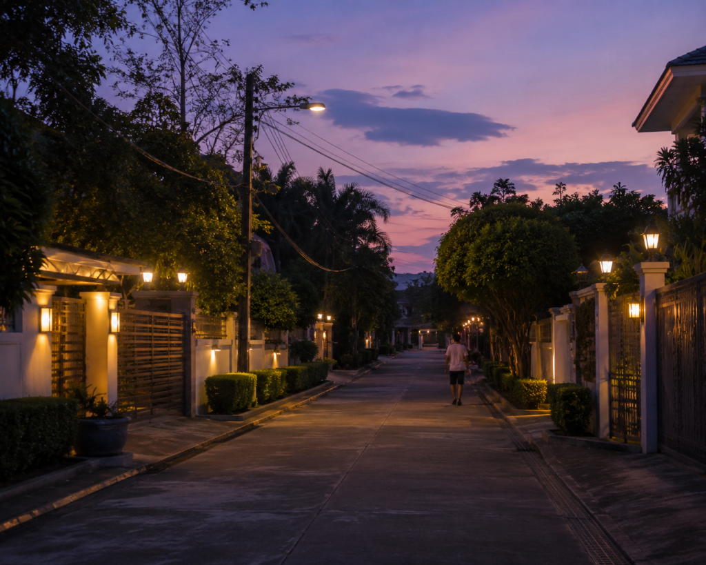 Quiet gated village street in Lipa City at dusk - private and slow weekend escape.
