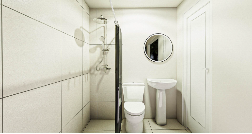 Mickey in Lipa modern bathroom with shower and pedestal sink