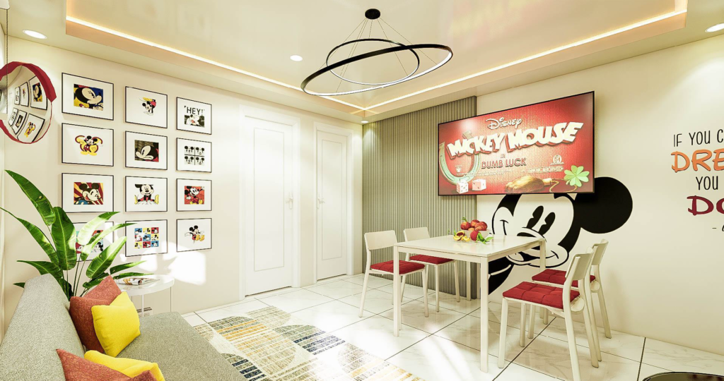 Mickey in Lipa dining area with Disney TV display and Dream it Do it quote