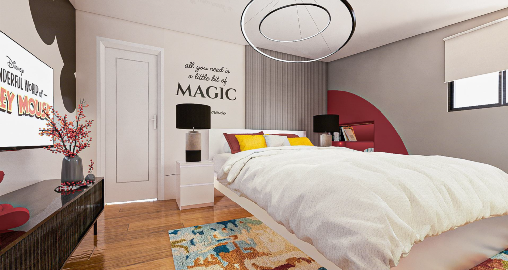 Mickey in Lipa master bedroom with queen bed and Disney inspired wall art
