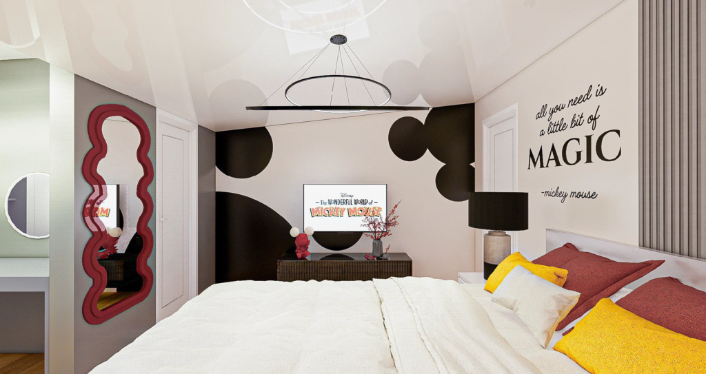 Mickey in Lipa master bedroom with Mickey silhouette wall and red wavy mirror