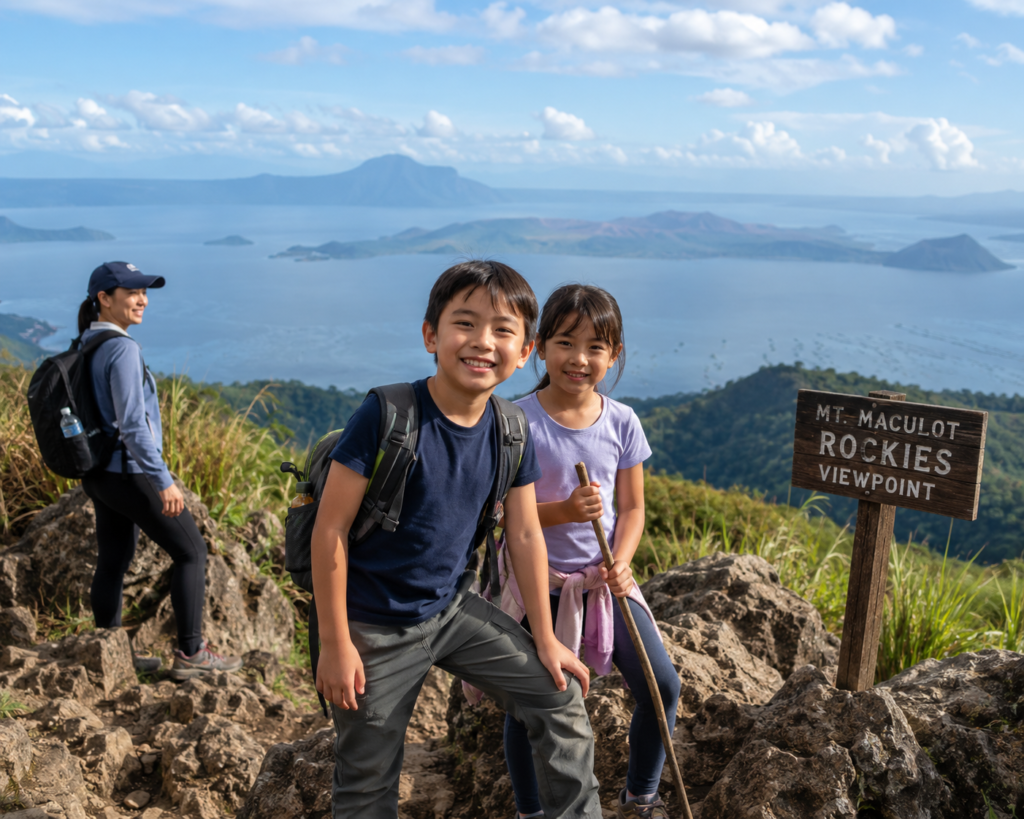 Kids at Mt Maculot Rockies viewpoint overlooking Taal Lake - school-age family hike. 