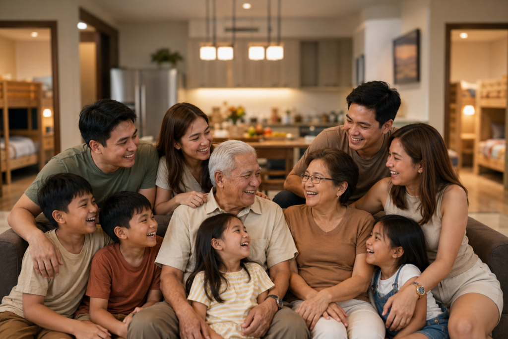 Multi-generation Filipino family at a Lipa City vacation rental