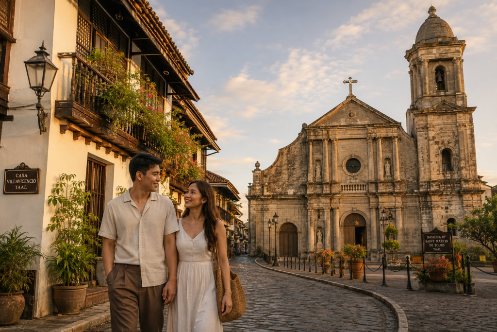 Couple at Taal Basilica heritage town - Spanish-Filipino architecture day trip from Lipa. 