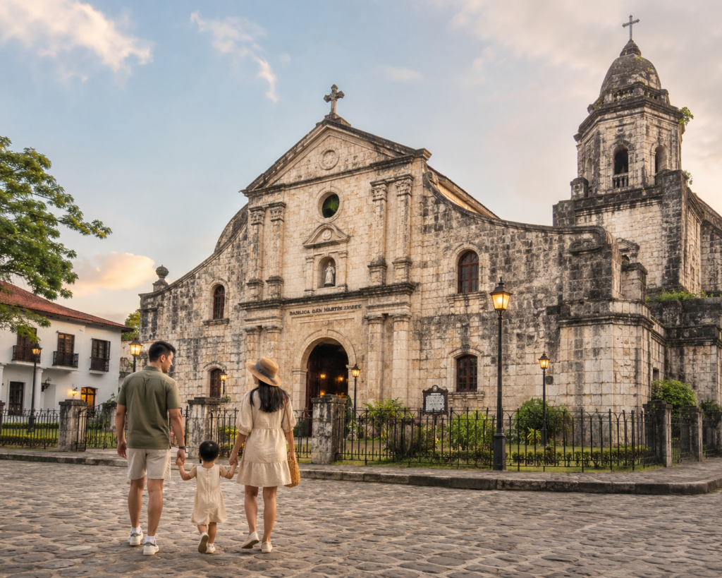 Family at Taal Basilica heritage town - toddler-friendly Batangas day trip from Lipa. 
