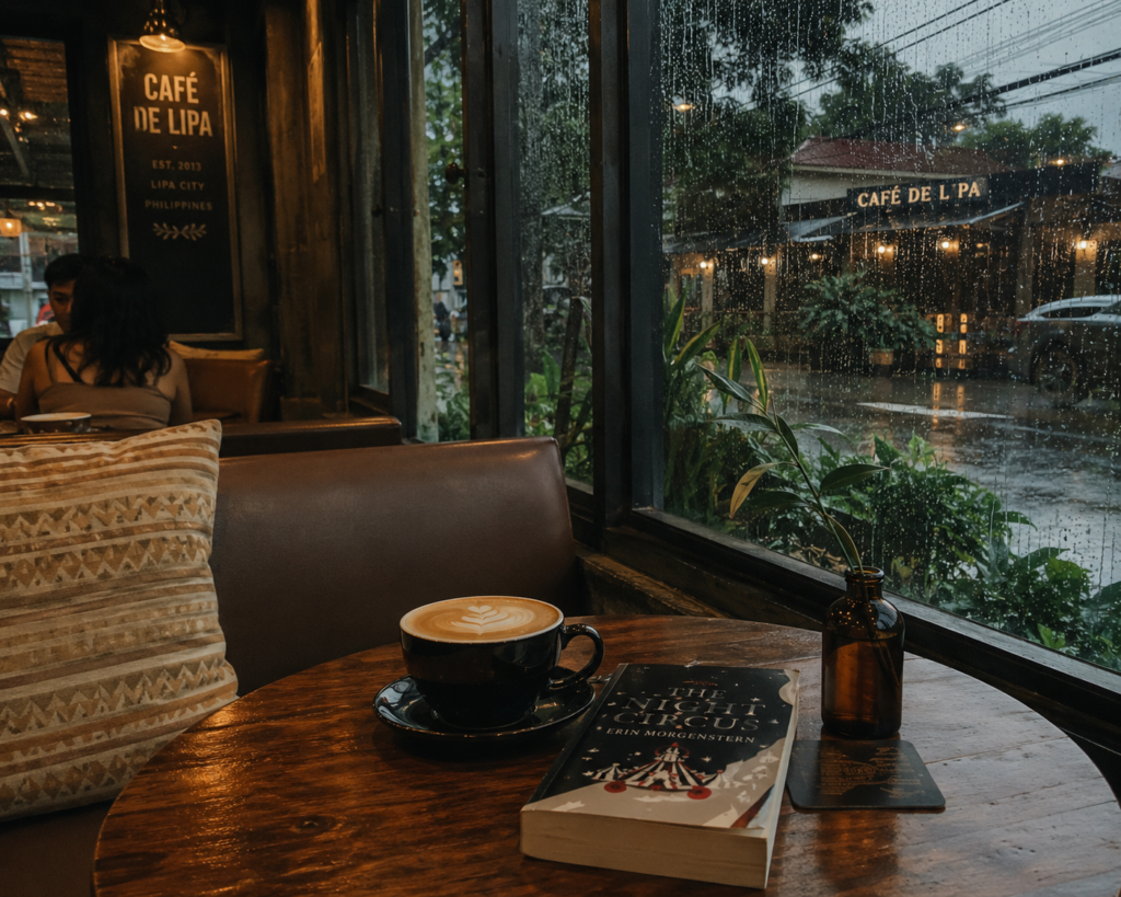 Window seat at Cafe de Lipa with barako coffee and a book on a rainy day. 