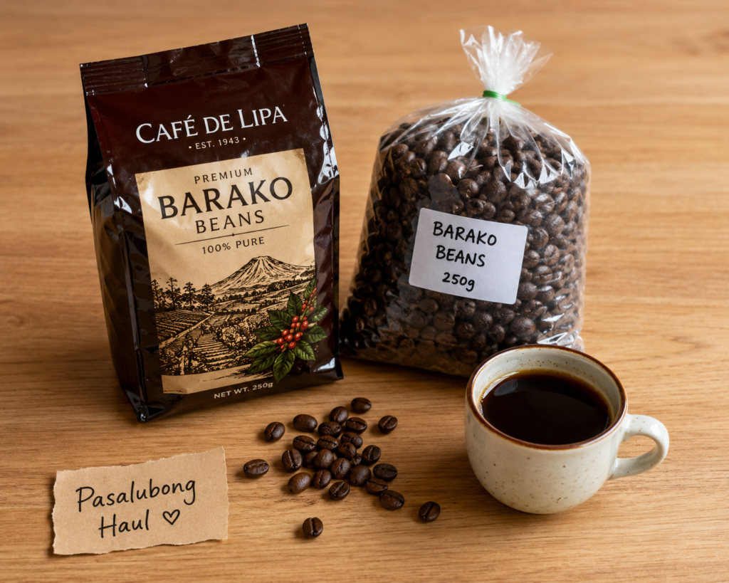 Lipa barako pasalubong - Cafe de Lipa branded beans and market beans to take home.