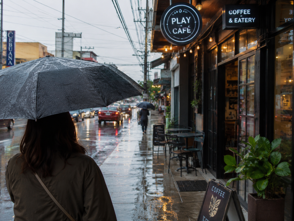 Light rain on a quiet Lipa City street during southwest monsoon season. 