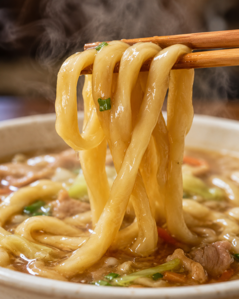Thick Lipa lomi noodles lifted with chopsticks - distinctive Batangas style. 