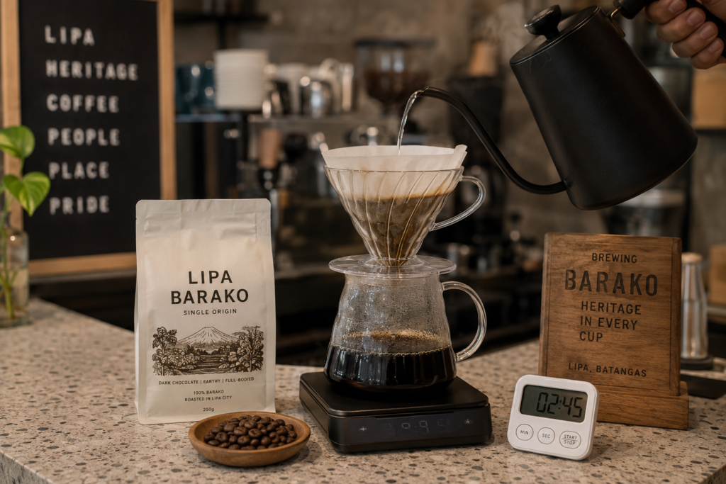 Pour-over single-origin Batangas barako at a Lipa specialty cafe. 