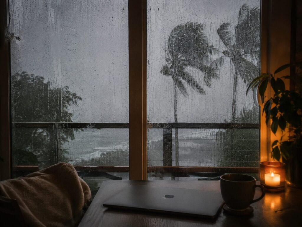 "Typhoon day at a Lipa City rental - working from home through heavy rain"