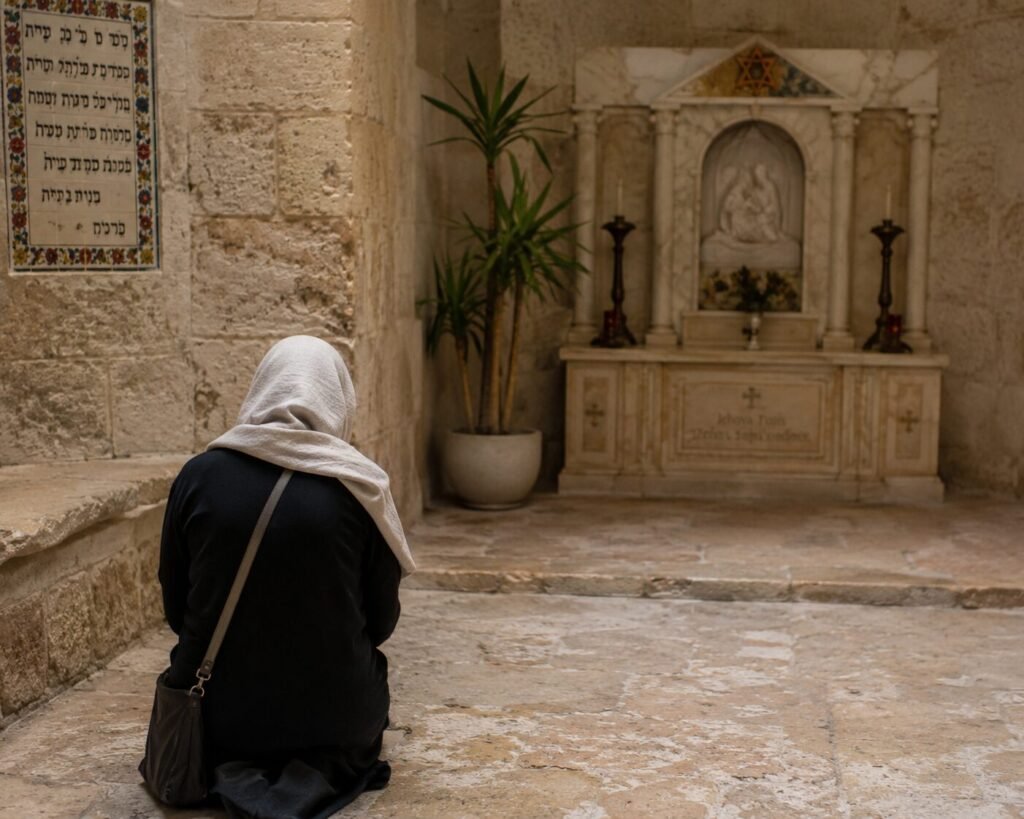 "Pilgrim praying at the Carmel of Lipa - quiet Marian devotion"