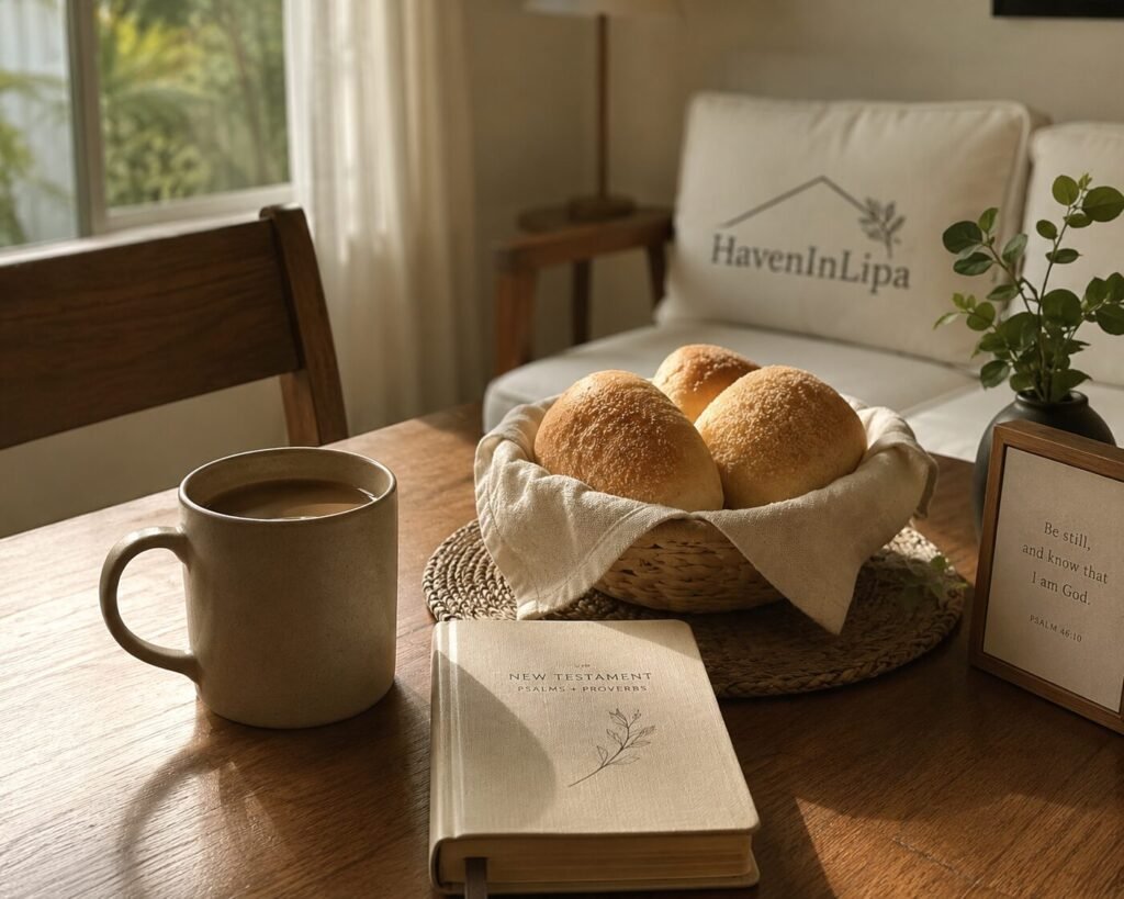 "Quiet morning at HavenInLipa rental with breakfast and prayer book - pilgrimage stay"