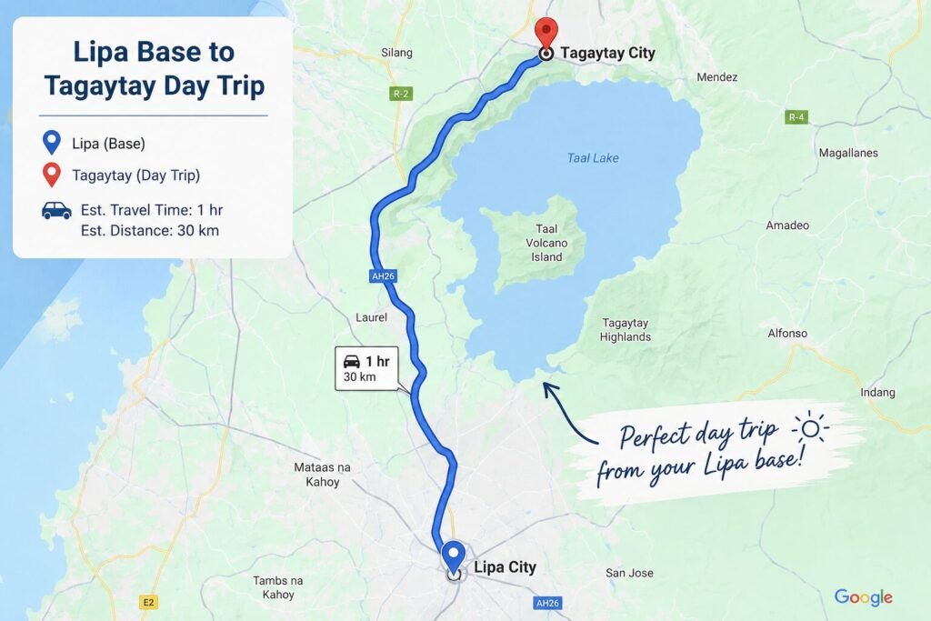 "Stay in Lipa day-trip to Tagaytay - 45 minute drive route"