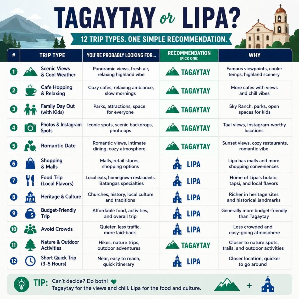 "Lipa vs Tagaytay decision matrix - choose by trip type and budget"