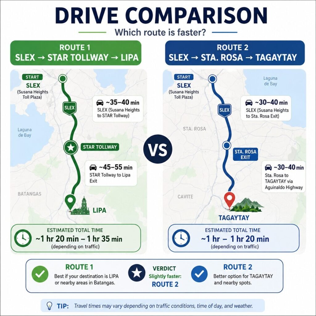 "Drive time comparison Manila to Lipa vs Tagaytay - STAR Tollway vs Sta Rosa exit"
