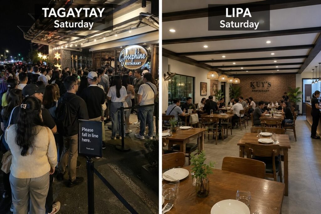 "Saturday crowds compared - Tagaytay restaurant queue vs Lipa quiet diner"
