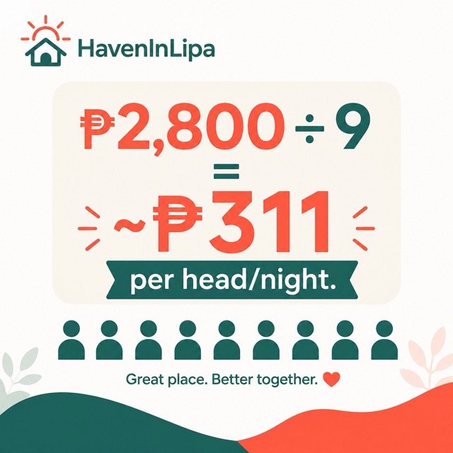 Cost per head for a whole-house barkada rental in Lipa - 311 pesos per night