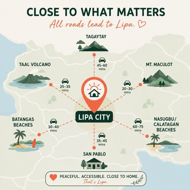 Map of Batangas day trips from a Lipa City base - Taal, Mt Maculot, Tagaytay drive times