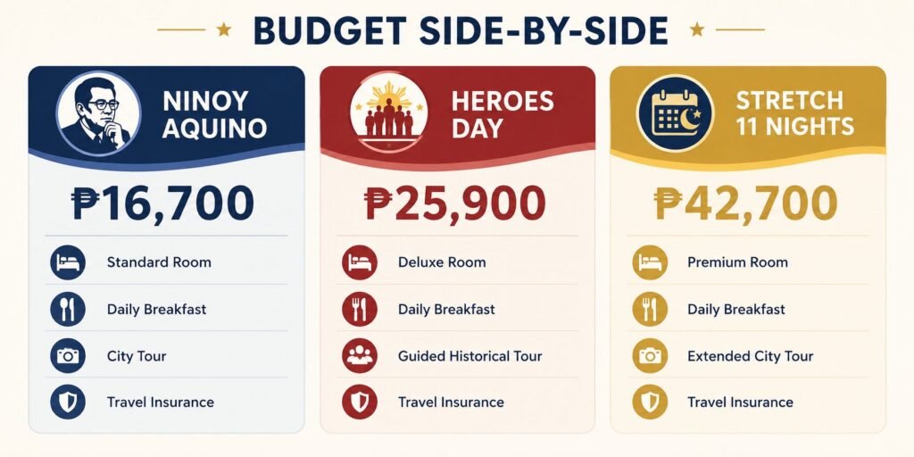 "Lipa August long weekend budgets comparison - Ninoy Aquino Heroes Day stretch option"