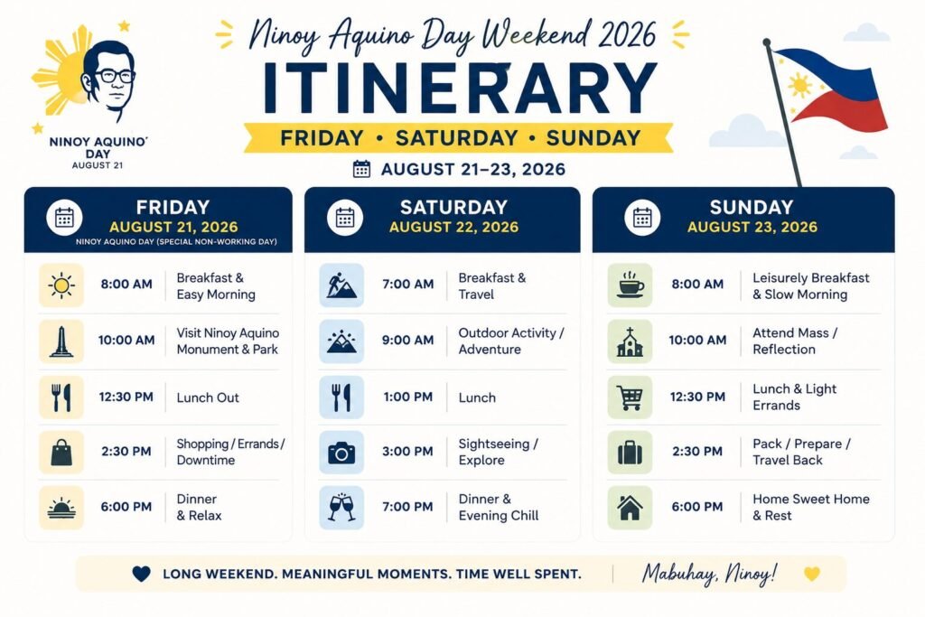  "3-day Ninoy Aquino Day weekend itinerary Lipa City - Friday Saturday Sunday plan"