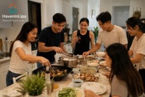 Team members cooking dinner together in a full kitchen at a Lipa house rental, team-building activity